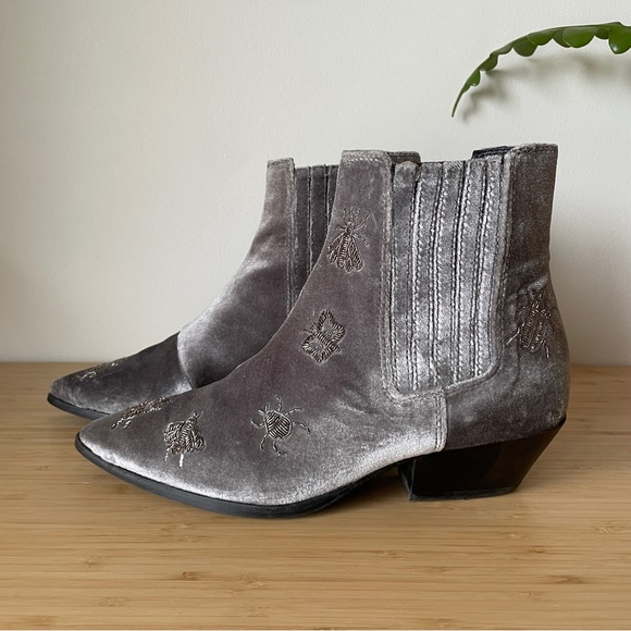 Topshop Women's Gray Velvet Cowboy Boots Embroidered Silver Insects 35 5 - Picture 3 of 12